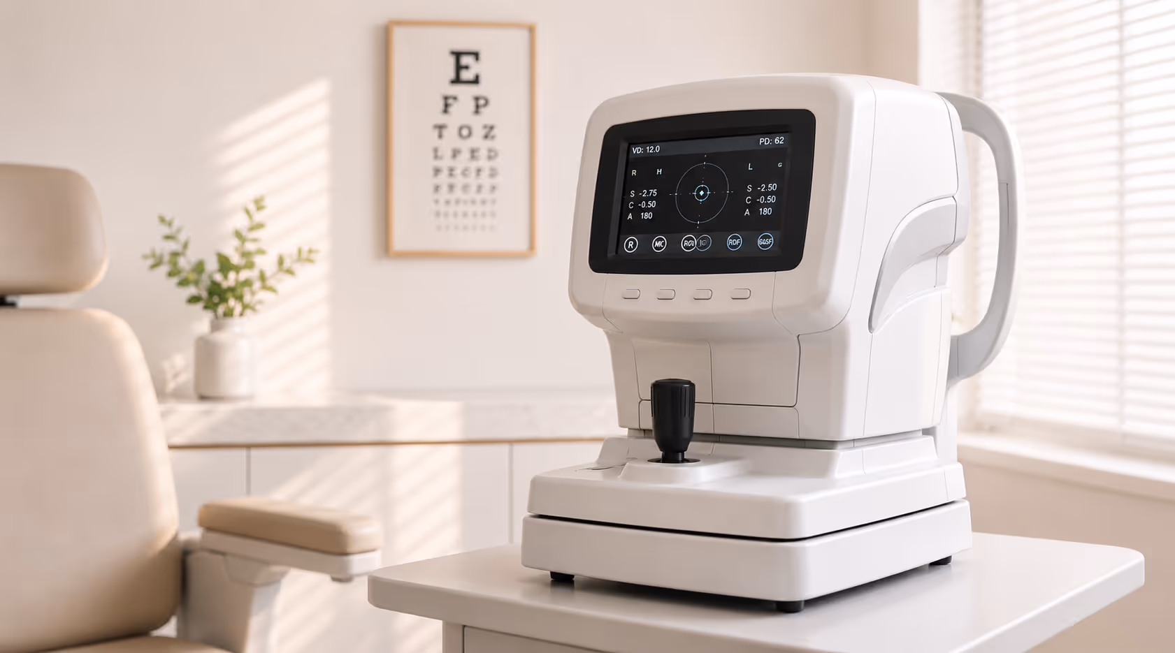 Auto Refractor: Automated refractor (Auto-Refractor) or a Retinoscope: establish a baseline value of refractive error (Objective refraction).