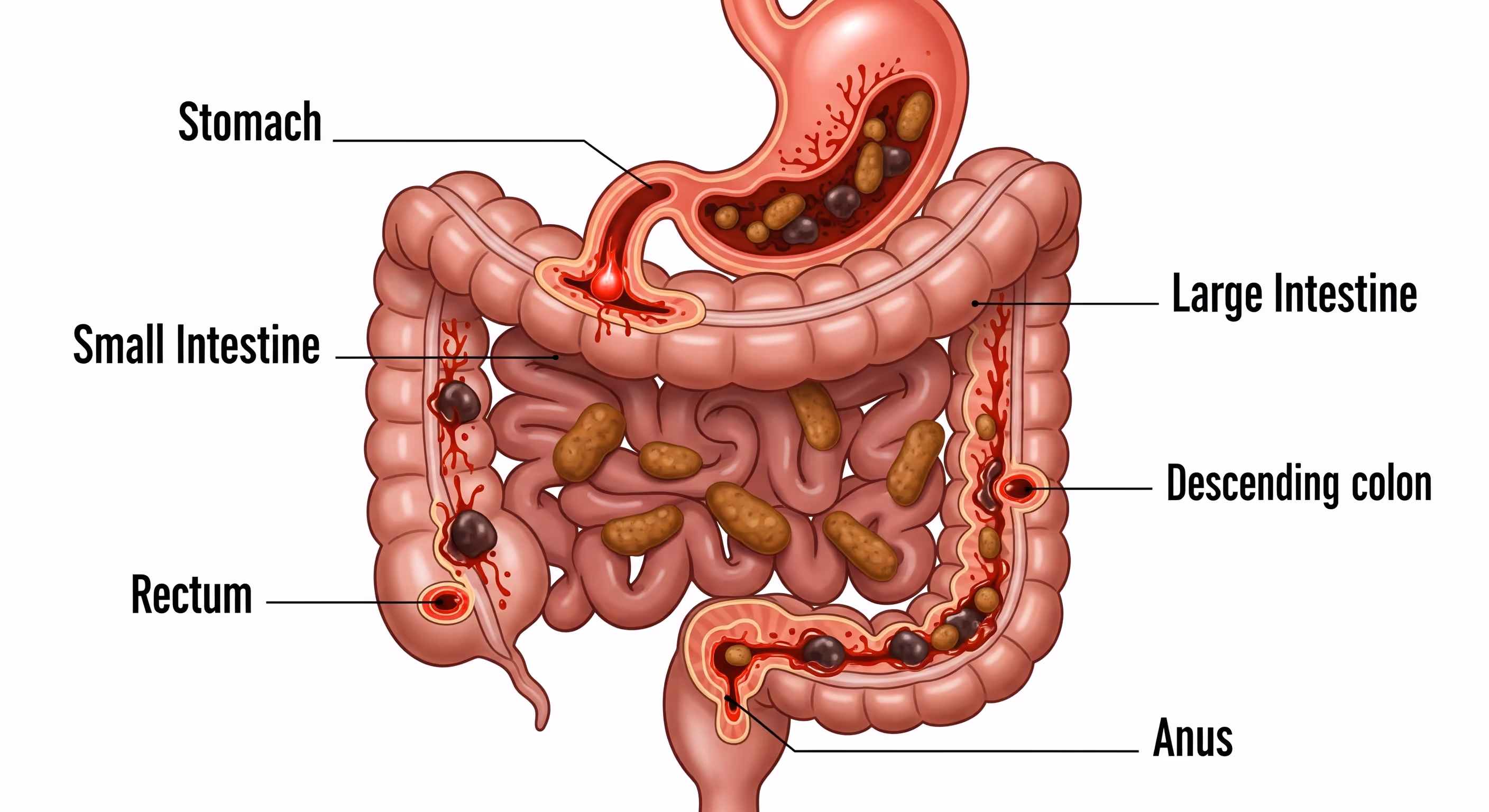 Image showing the locations of bleeding in the gastrointestinal tract, which can be a cause of blood in stool.