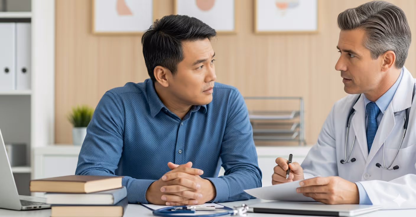 An Asian man is talking with a highly experienced male doctor. He looks slightly worried as he discusses the issue of blood in his stool that he is currently experiencing.