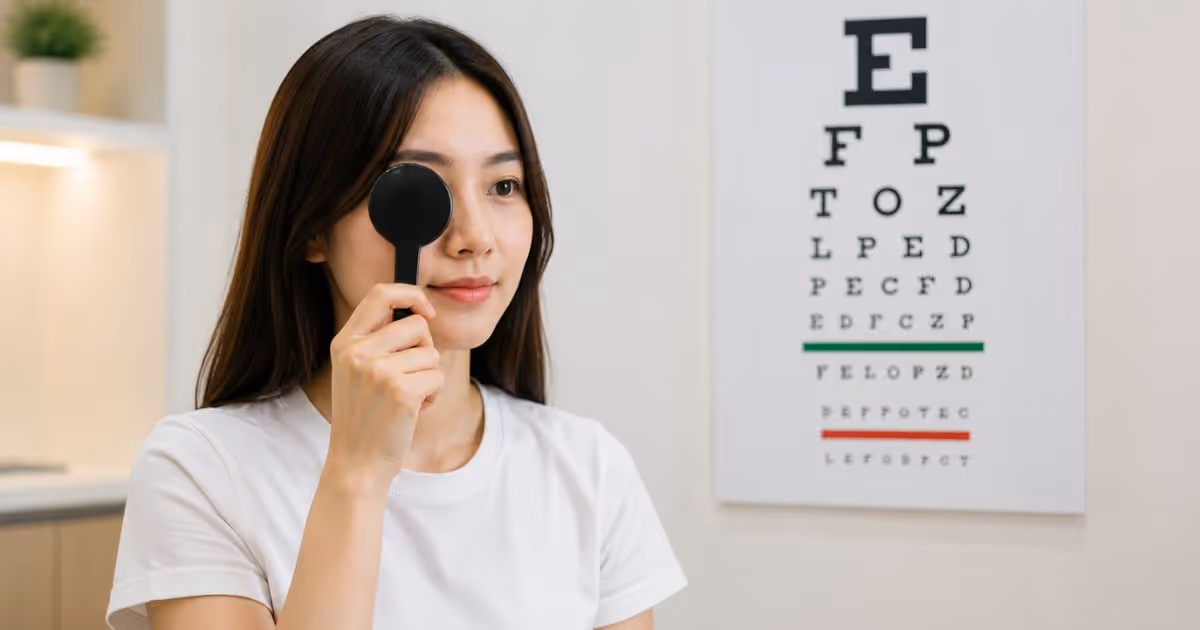 Visual Acuity Test: Visual Quality vs. Visual Acuity (Quality of Vision vs. Numerical Vision Score). A woman is holding an eye occluder while reading a Snellen chart to test her vision, one eye at a time.