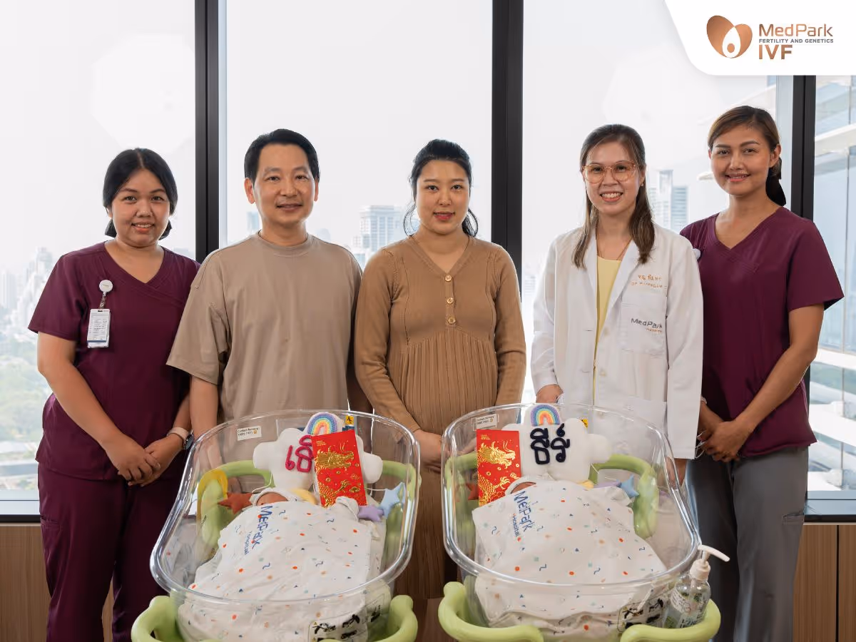 The reproductive endocrinologist and testimonial couple review successful twin childbirth at MedPark IVF Fertility and Genetics Center