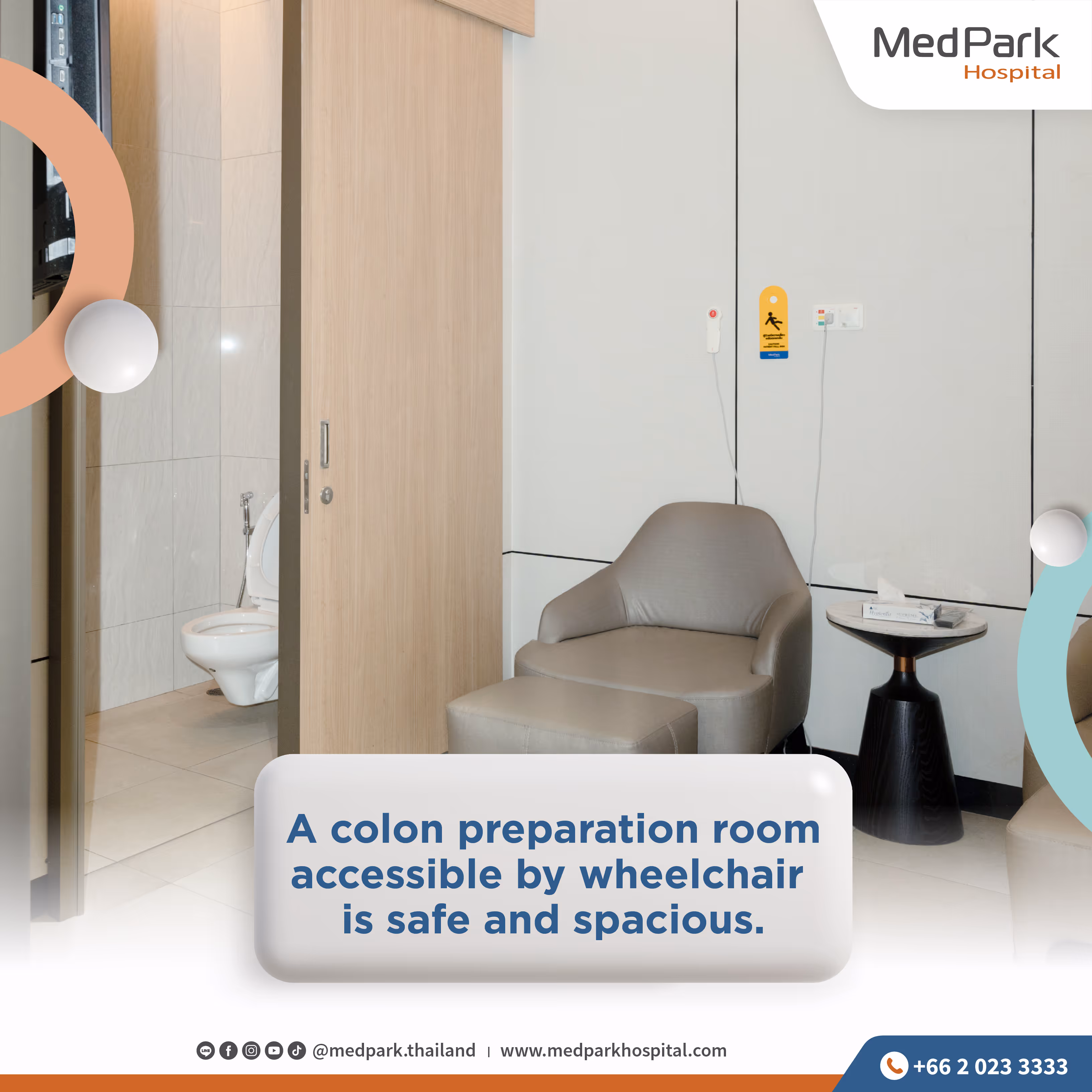 A colon preparation room accessible by wheelchair is safe and spacious
